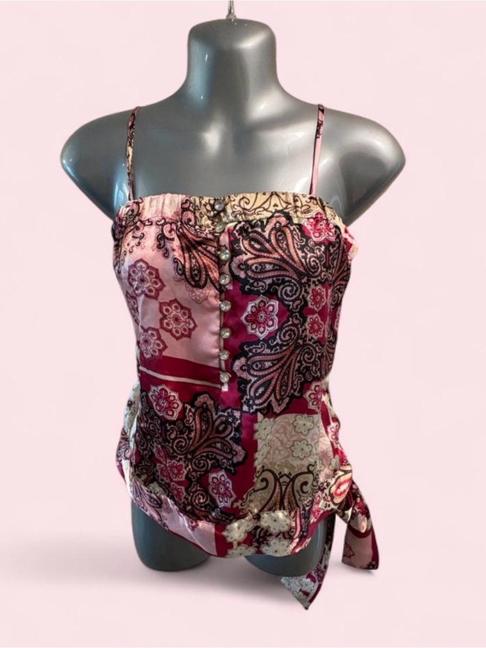 Beautiful Vintage Rampage Paisley Patchwork Satin Cami Top - Pink